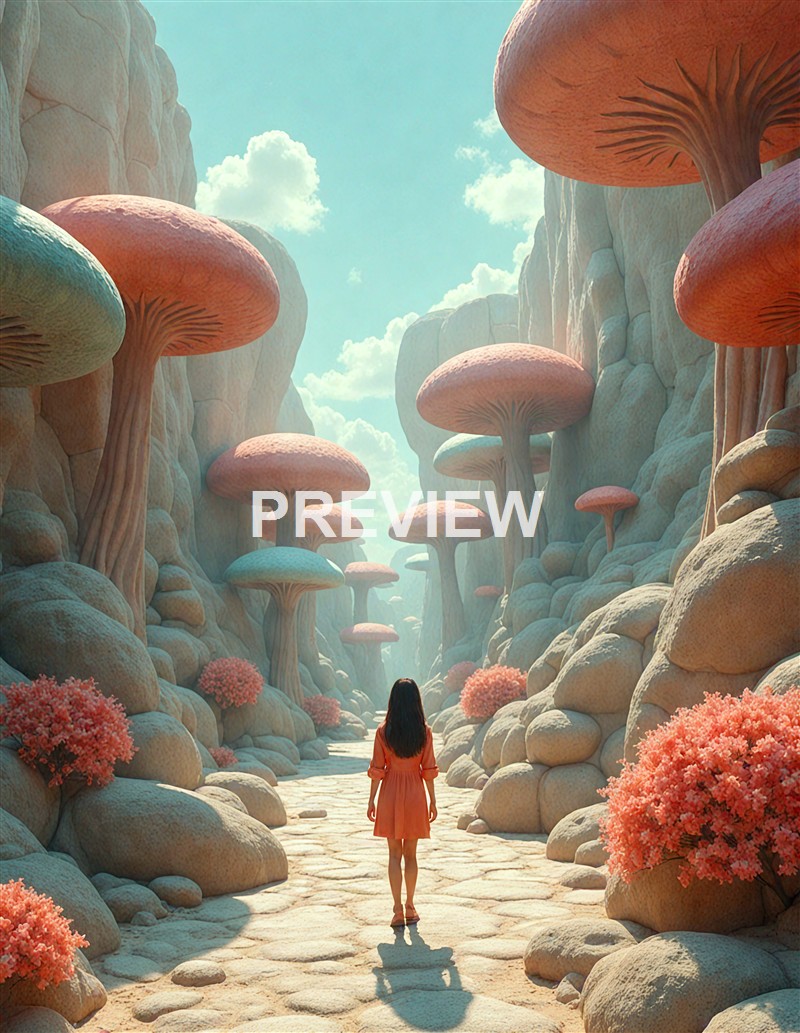 A girl in an orange dress stands in a surreal landscape filled with oversized, colorful mushrooms and rocky formations under a bright sky with fluffy clouds.